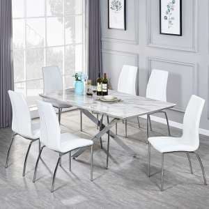 Deltino Magnesia Marble Effect Dining Table 6 Opal White Chairs - UK
